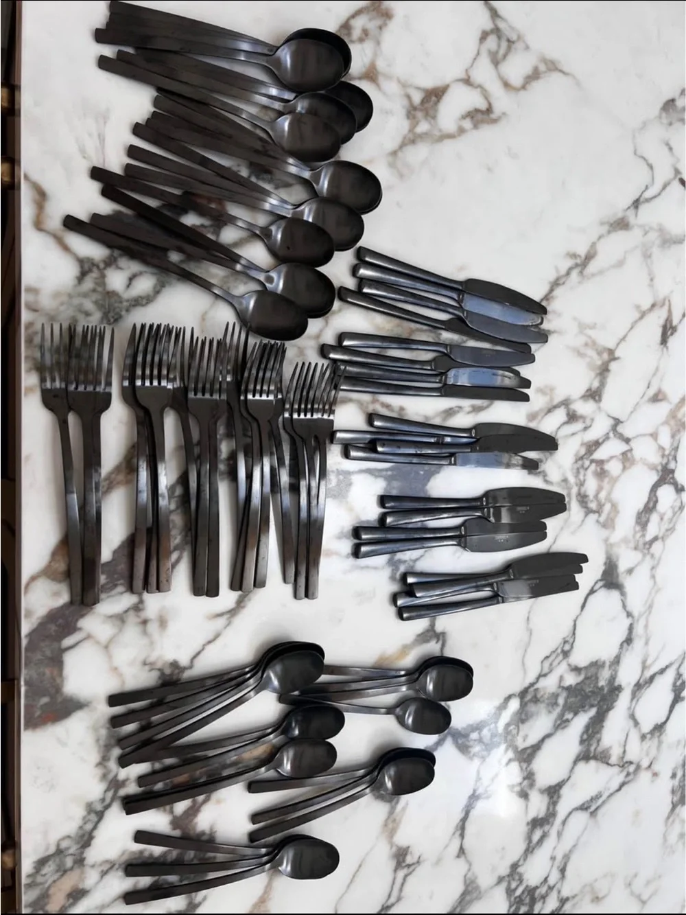 Cambridge Modern Gunmetal Black Satin Flatware set -total 77 utensils -serves 20